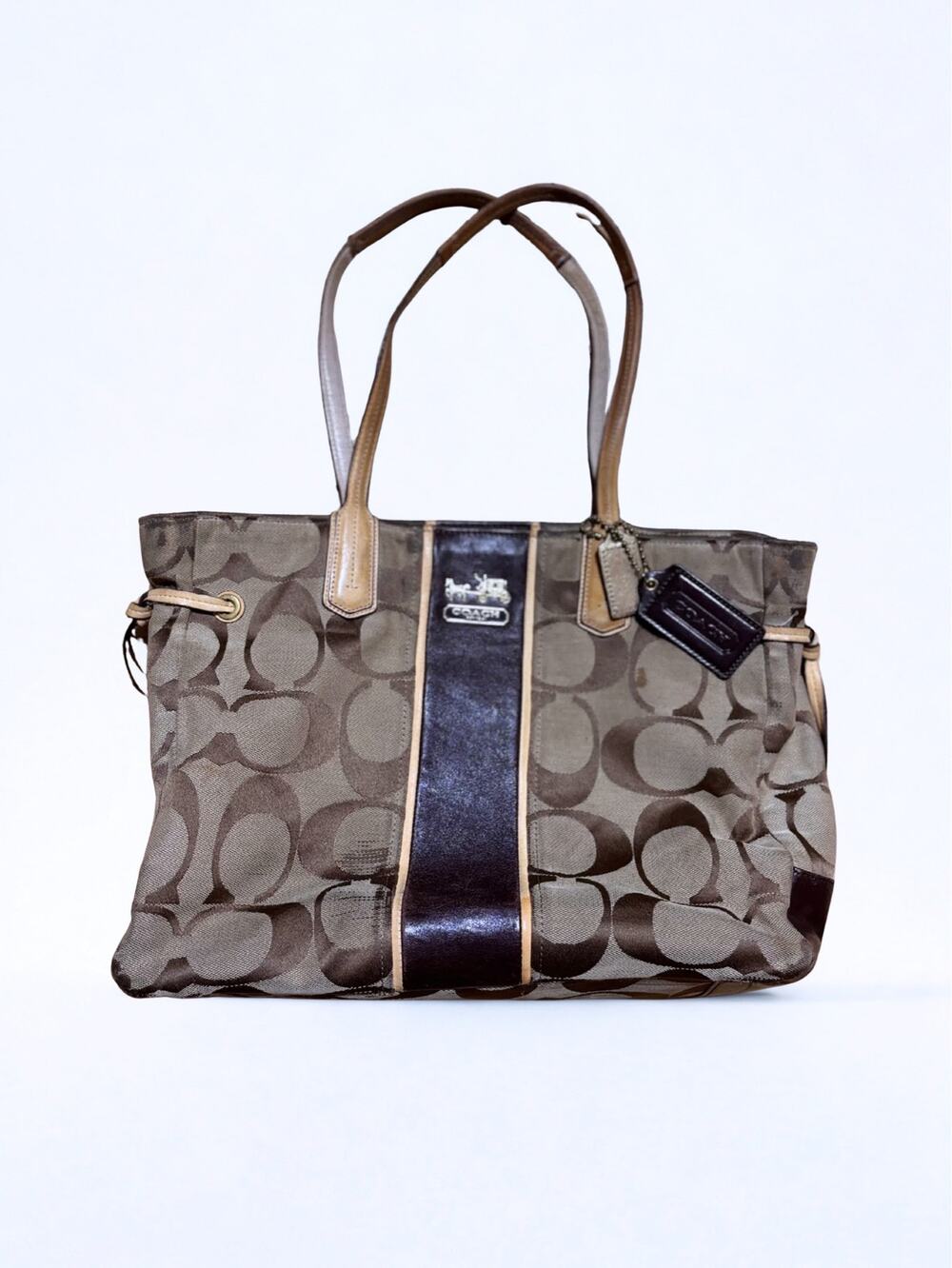 Coach Brown Signature Canvas Monogram Logo Tote Bag Leather Strap Dual Hangtags